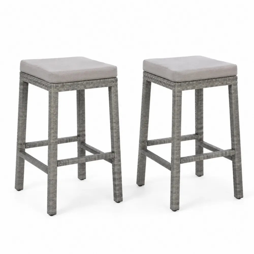Barhocker 2er Set mit Sitzkissen 40 x 40 x 76 cm PE Rattan Stahl Polyester quadratisch grau hellgrau