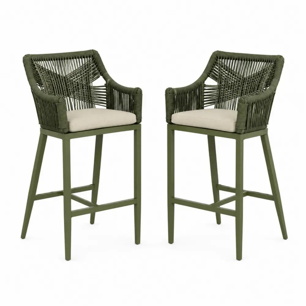 Barhocker 2er Set mit Armlehnen 56 x 58 x 108 cm PP Seilgeflecht Stahl Polyesterkissen rechteckige Sitzfläche olivgrün cremebeige