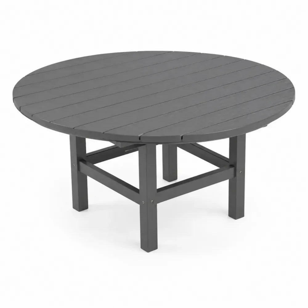 Runder Gartentisch 120 cm Durchmesser 74 cm Höhe HDPE Tischplatte mit Lattenstruktur Stahlgestell Anthrazit
