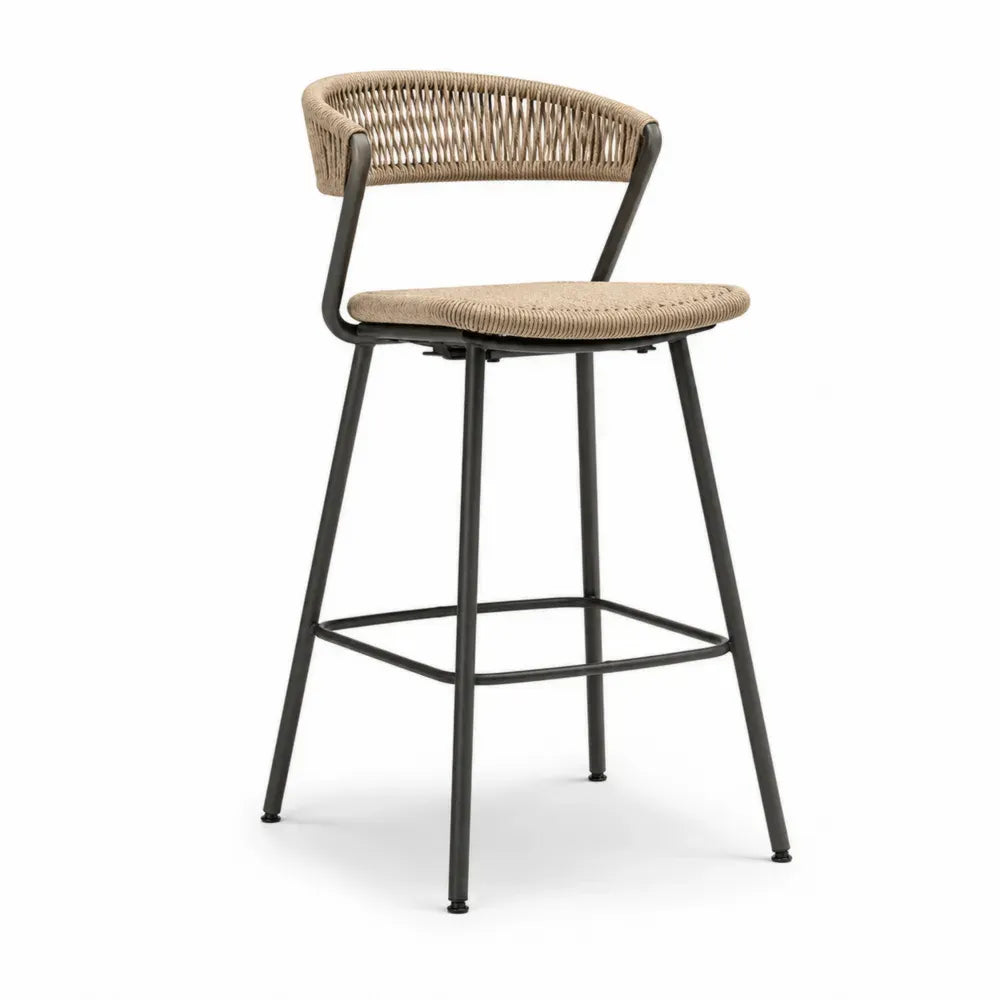Barhocker mit geflochtener Sitzfläche 52 x 53 x 101 cm Polyethylen Seilgeflecht pulverbeschichteter Stahl halbrunde Rückenlehne beige schwarz