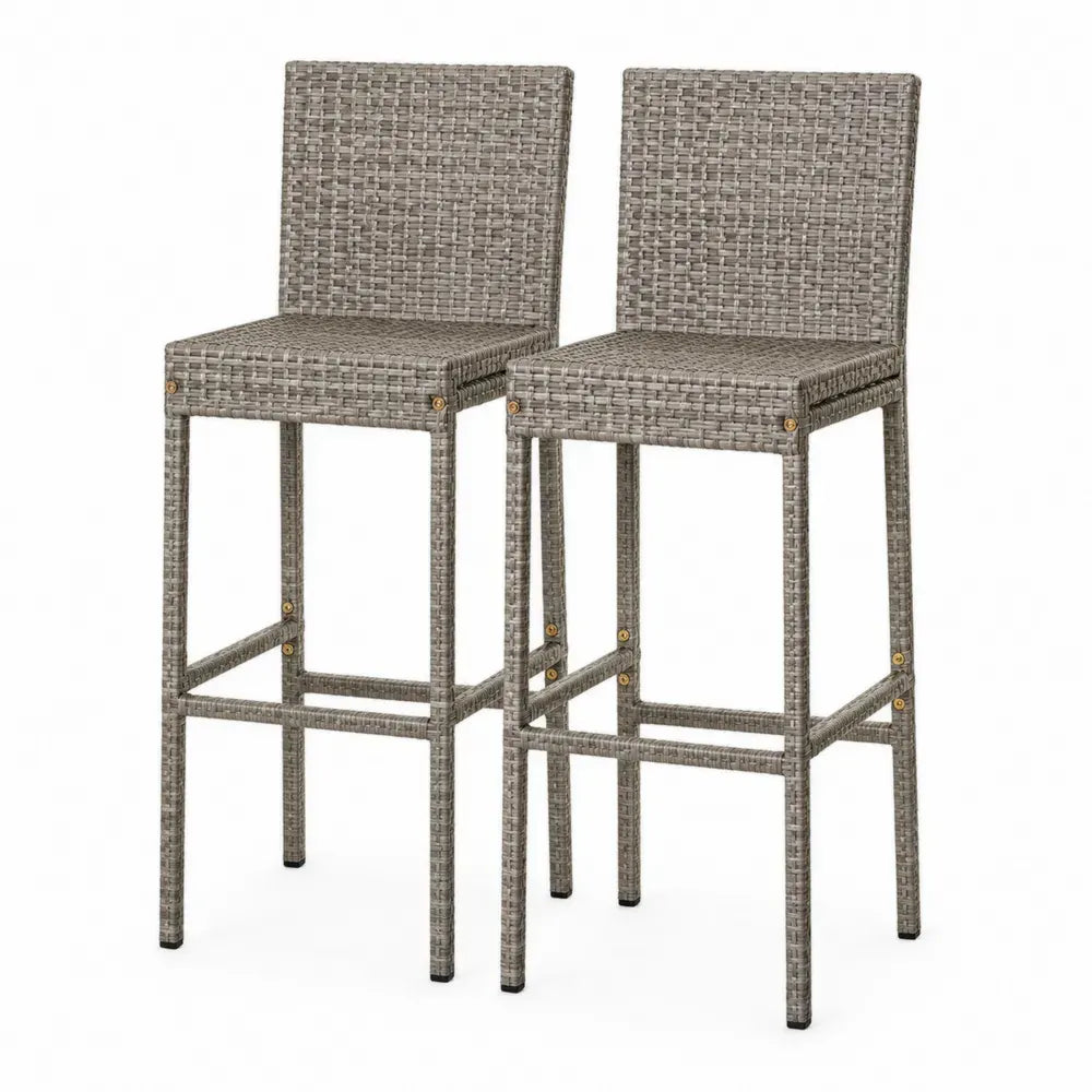 Barhocker 2er Set mit Rückenlehne PE Rattan Stahlrahmen rechteckig Grau 45 x 50 x 108 cm