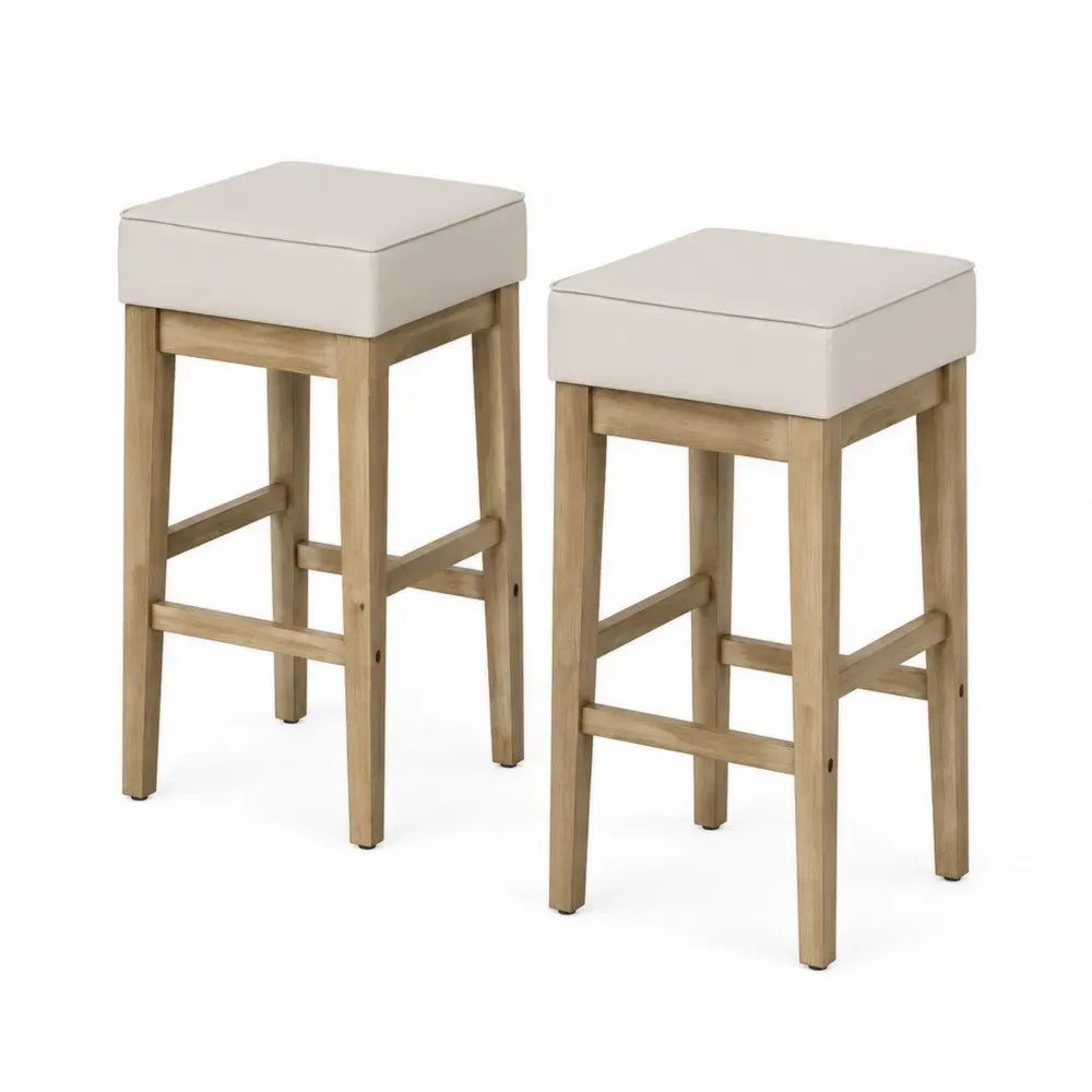 Barhocker 2er Set mit Polstersitz Gummibaumholz PU-Kunstleder quadratisch Naturholz Cremeweiß 38 x 38 x 75 cm