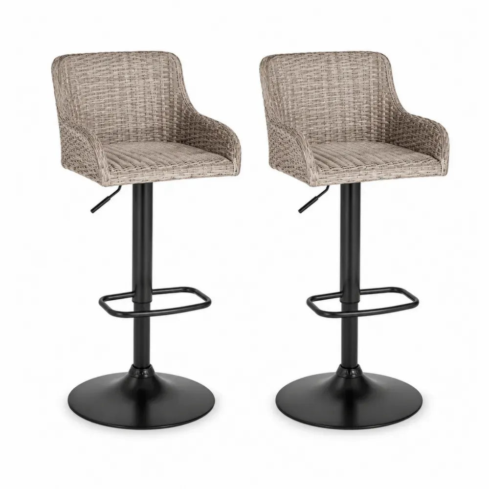 Barhocker 2er Set mit Armlehnen höhenverstellbar 58 x 55 x 92 bis 112 cm PE Rattan Stahl rund grau beige schwarz