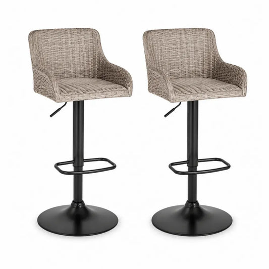 Barhocker 2er Set mit Armlehnen höhenverstellbar 58 x 55 x 92 bis 112 cm PE Rattan Stahl rund grau beige schwarz