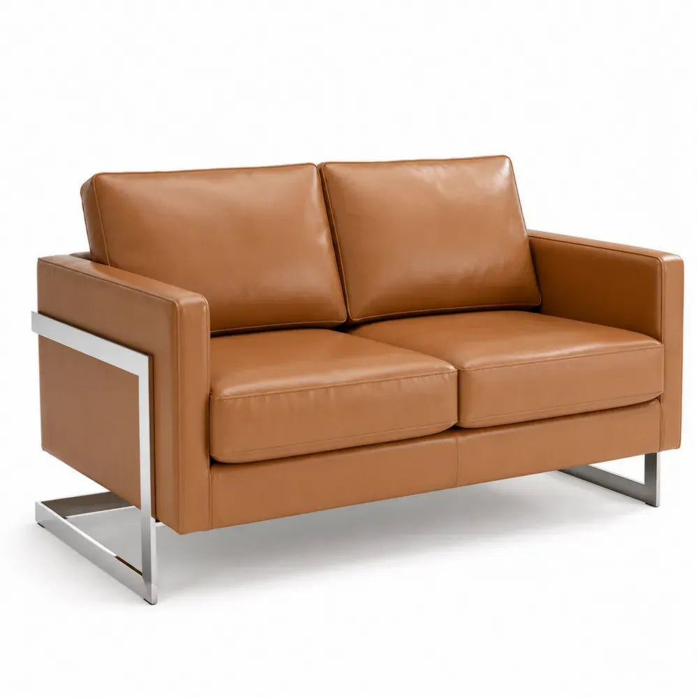 2-Sitzer Sofa rechteckig PU-Kunstleder mit verchromtem Stahlrahmen cognacbraun silber 150 x 82 x 82 cm