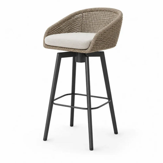 Barhocker mit Armlehnen PE-Rattan-Geflecht Polyesterkissen Stahlgestell Beige Schwarz Cremeweiß 56 x 54 x 98 cm