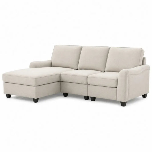 3-Sitzer Ecksofa mit Ottomane links Polyestergewebe Kiefernholz Sperrholzrahmen L-Form Beige 218 x 145 x 86 cm