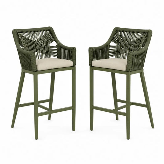 Barhocker 2er Set mit Armlehnen 56 x 58 x 108 cm PP Seilgeflecht Stahl Polyesterkissen rechteckige Sitzfläche olivgrün cremebeige