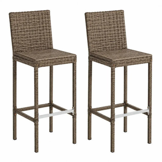 Barhocker 2er Set mit Rückenlehne 45 x 52 x 112 cm PE Rattan Stahl Aluminium rechteckige Sitzfläche braun grau silber