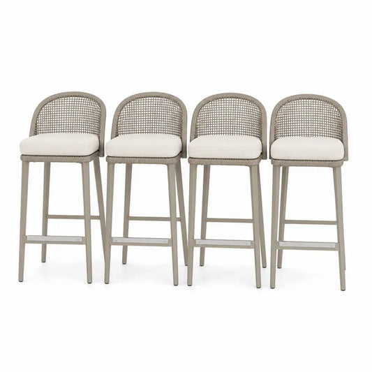 Barhocker 4er Set mit halbrunder Rückenlehne 50 x 52 x 104 cm PE Rattan Polyesterkissen pulverbeschichteter Stahl taupe cremeweiß silber