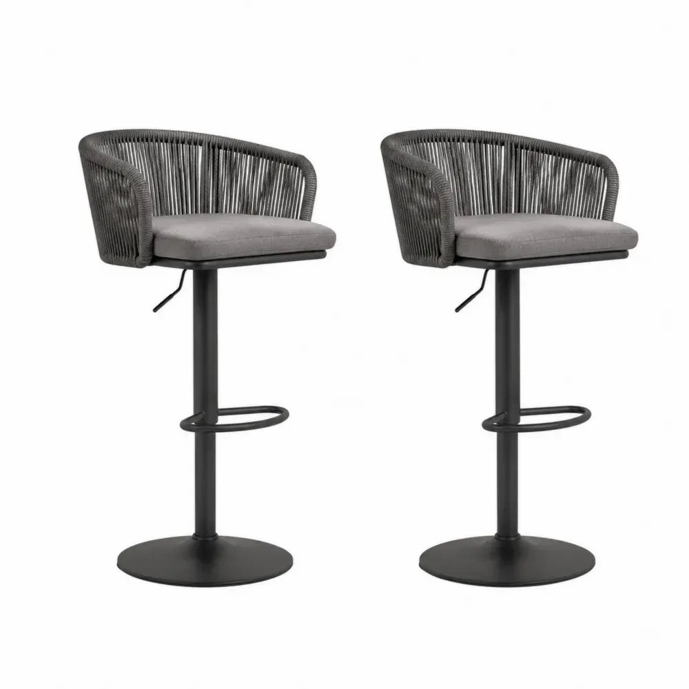 Barhocker 2er Set höhenverstellbar drehbar mit Armlehnen 56 x 55 x 84 bis 106 cm PP Seilgeflecht Stahl runder Tellerfuß grau schwarz