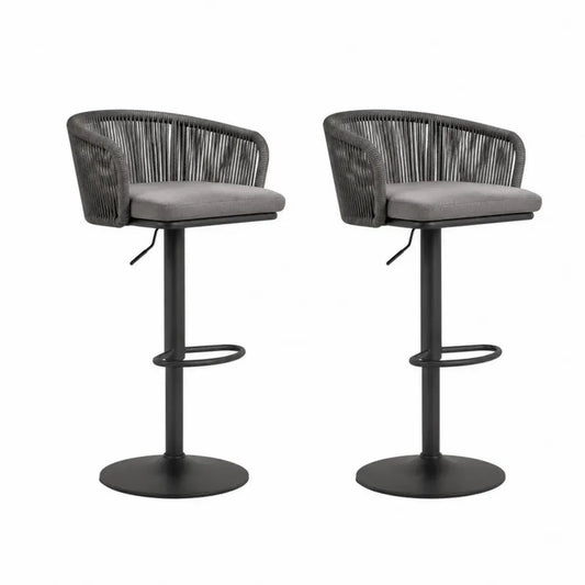 Barhocker 2er Set höhenverstellbar drehbar mit Armlehnen 56 x 55 x 84 bis 106 cm PP Seilgeflecht Stahl runder Tellerfuß grau schwarz