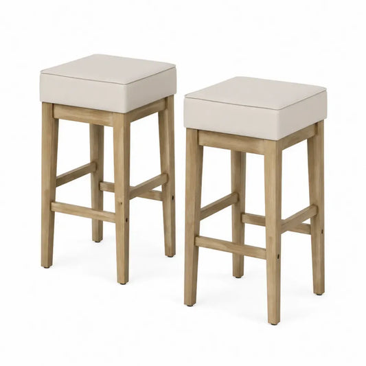 Barhocker 2er Set mit Polstersitz Gummibaumholz PU-Kunstleder quadratisch Naturholz Cremeweiß 38 x 38 x 75 cm